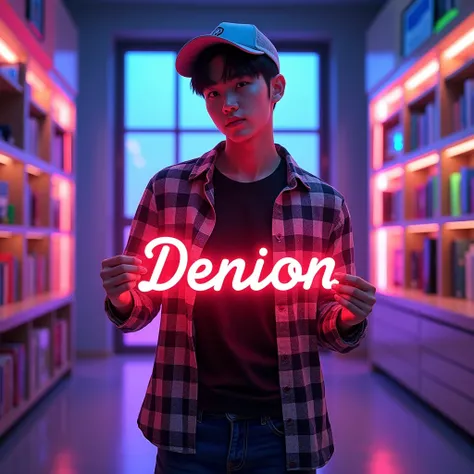 A handsome korean man with short black hair wearing a cool snapback hat, a black t-shirt wearing a checkered shirt, jeans, holding a 3D red and blue glowing writing "Denian Syah Hakim" posing dynamically with bright colors. Background of the room with vari...