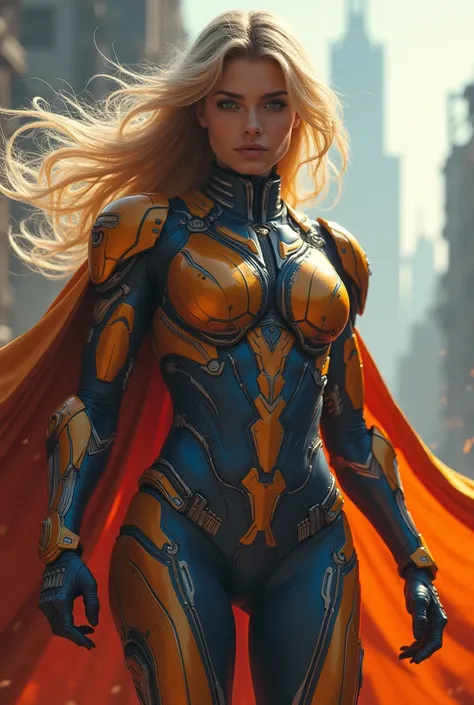 Female superhero with blonde hair wearing orange and blue armor and cape in full body with battle stance