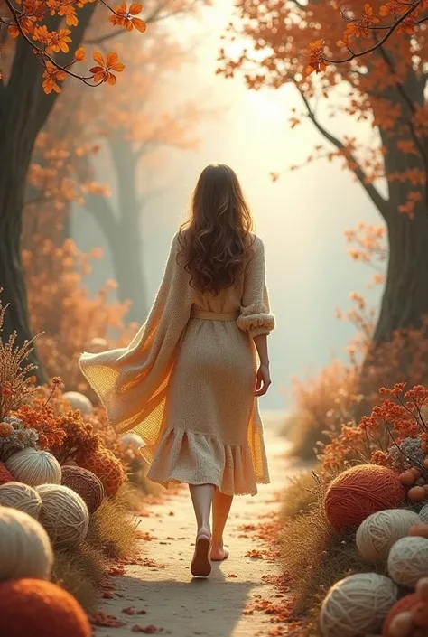 A woolen [A beautiful woman walking, back view] against a backdrop of a hand-knit landscape. The knit is detailed to look like its made from yarn or wool, giving an artistic feel to the scene. adorable, magical, simple