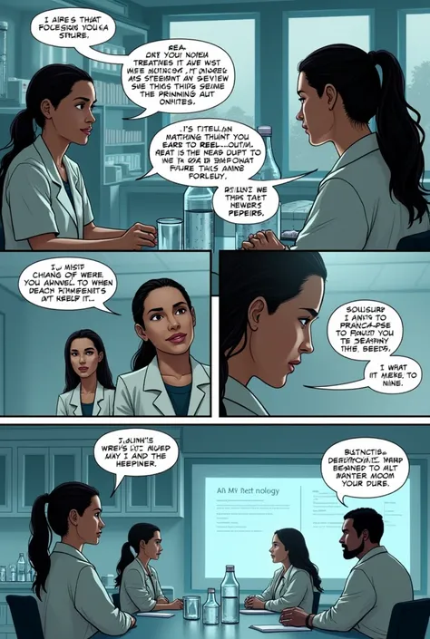 Create a comic for me with this : You can create a comic with the following plot:

HQ Status:
A scientist named Ana works in a biotechnology research laboratory and, after years of work, discovers an experimental treatment that could save millions of lives...