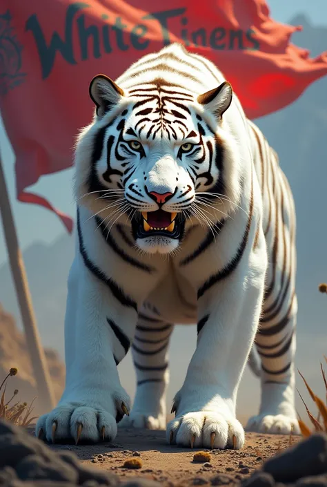 White tiger with claws with a flag behind it that says “White Tigers” 