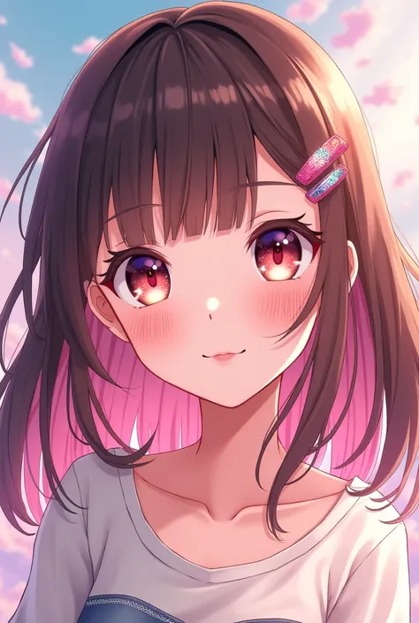 Anime girl with brown hair, side bangs and pink highlights and hair clips