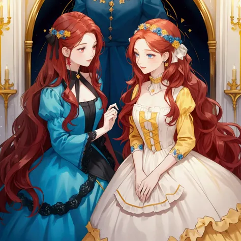 2 women, one woman have long wavy hair, yellow bright hair and blue eyes, wearing blue dress. and the other woman have short straight hair, dark red hair and dark red eyes, wearing black dress. {happy,charming,cute,ribbon,flowers}, high quality, historical...