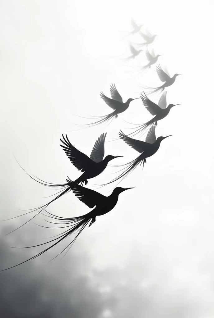 Silhouette of a flock of birds of paradise flying