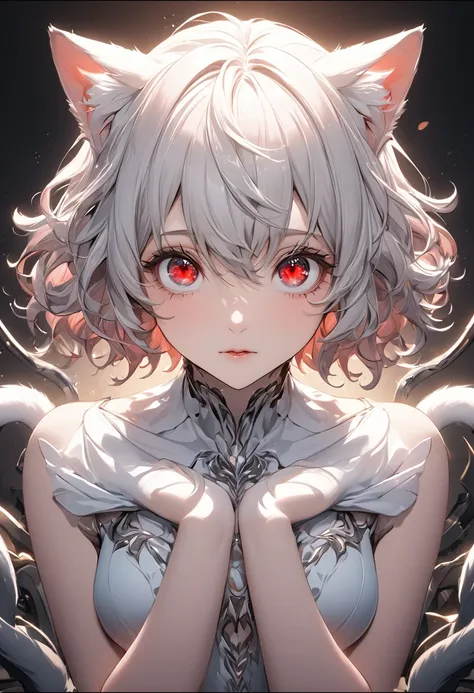 neferpitou, neferpitou, short hair, (red eyes:1.5),  animal ears, tail, white hair, shorts, cat ears, cat tail, curly hair, (sma...