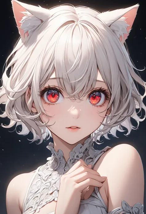 neferpitou, neferpitou, short hair, (red eyes:1.5),  animal ears, tail, white hair, shorts, cat ears, cat tail, curly hair, (sma...