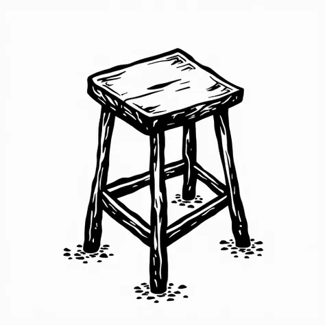 stool, (household items are scattered around), linocut, black and white