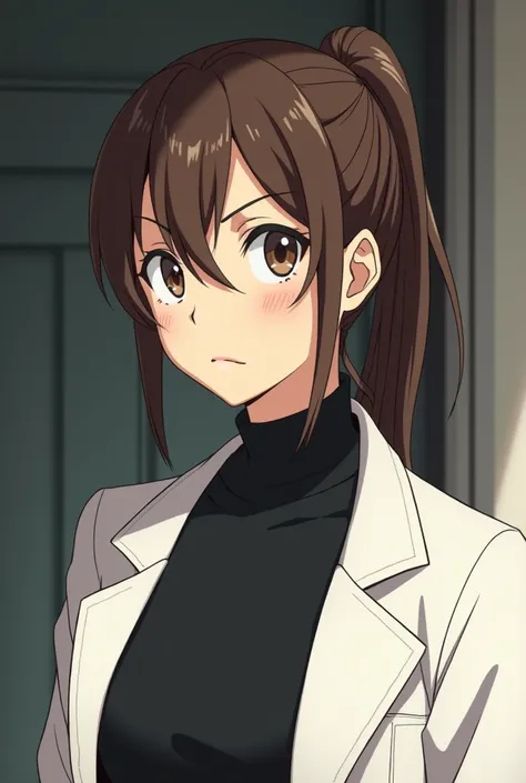 Make a 60 year old woman with brown hair and tied up, brown eyes and a more serious expression with black clothes and a white overcoat. Make anime style