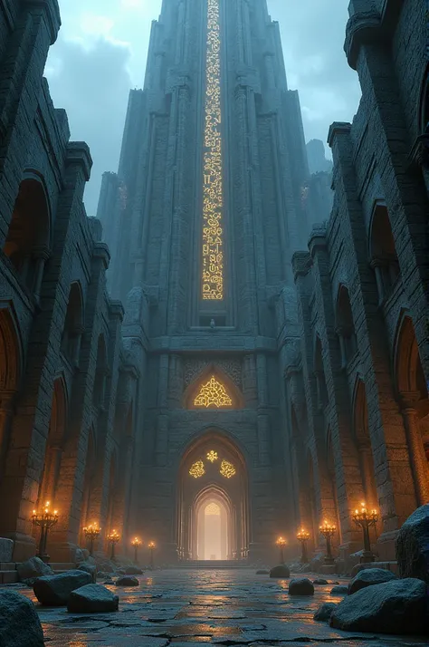 the towering structure. The library looms ahead, its grand stone walls lined with carvings of ancient runes and symbols that pulse faintly in the dimming light.