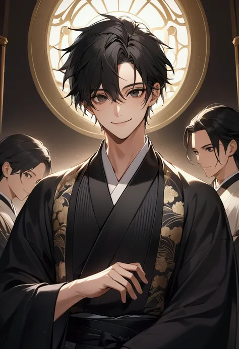 Best quality, Black hair , 1 male, big black eyes, Black kimono , Neat attire , Smiling