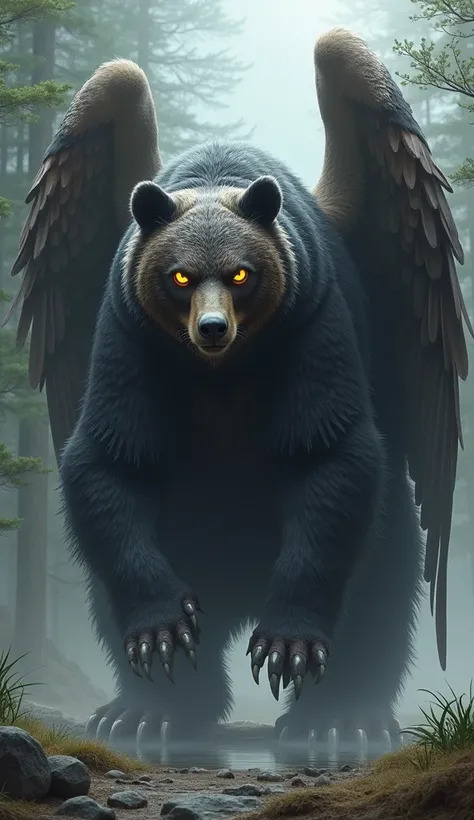 Bear and Owl Hybrid: A towering bear with the wings and face of an owl, its body covered in thick, dark fur, but with massive, feathered wings sprouting from its back. Its eyes are large and glowing, and its head is a blend of a bear’s powerful jaw and an ...