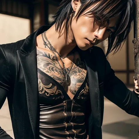 1 man, male, Japanese man, Visual Kai hairstyle, ultra detailed face and body, hyperrealistic, realistic representation, muscular, broad shoulders, tattoos gothic style, Visual Kei style, blond, long hair, 40 years old, outfit gothic streampunk, mens shirt...