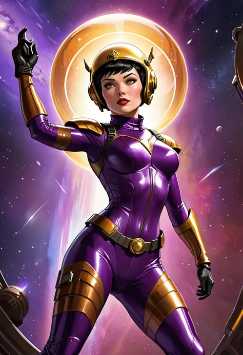 in a retro scifi style illustrate a female space adventurer wearing a shiny futuristic bodysuit that is a deep vibrant purple with a wide gold stripe down the front, it has a high collar unzipped around the neck. she has short black pixie cut hair and gold...