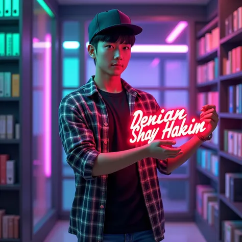 A handsome korean man with short black hair wearing a cool snapback hat, a black t-shirt wearing a checkered shirt, jeans, holding a 3D red and blue glowing writing "Denian Syah Hakim" posing dynamically with bright colors. Background of the room with vari...