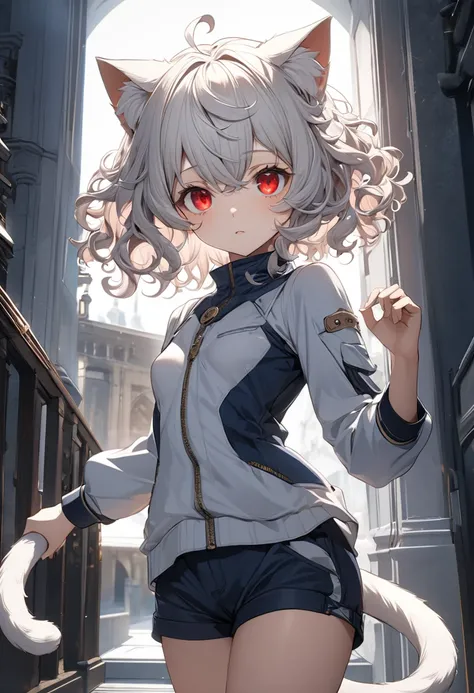 neferpitou, neferpitou, short hair, (red eyes:1.5),  animal ears, tail, white hair, shorts, cat ears, cat tail, curly hair,first round、 (small breast:1.2), break looking at viewer, break outside, break (masterpiece:1.2), best quality, high resolution, unit...