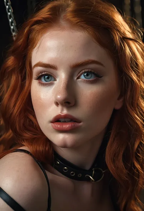 a beautiful teen redheaded woman, intricate bondage, sklavin, BDSM, highly detailed, photorealistic, 8K, (best quality:1.4), (masterpiece:1.2), (extremely detailed:1.4), realistic skin texture, intense gaze, flawless face, detailed eyes and lips, dramatic ...