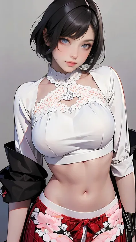 C model, Digital Illustration, (masterpiece:1.2), high quality, Detailed eyes, Very beautiful young woman, Short Hair, Streetwear, thick, (Abdominal muscles:1.2), (bloom:1.2)