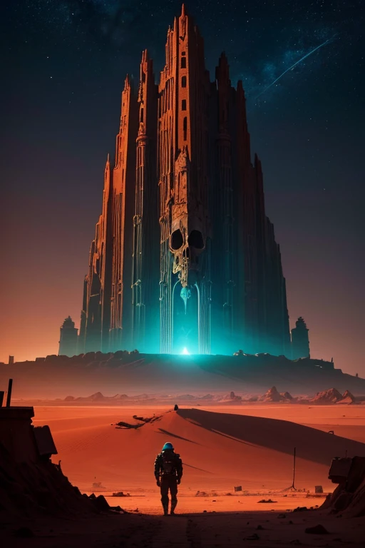 "A flat desert of red sand under a dark, night sky. The ruins of an ancient city scatter across the landscape, creating an eerie, post-apocalyptic atmosphere. A lone cosmonaut, seen from behind, walks towards a distant mountain of red sand. In the sky abov...