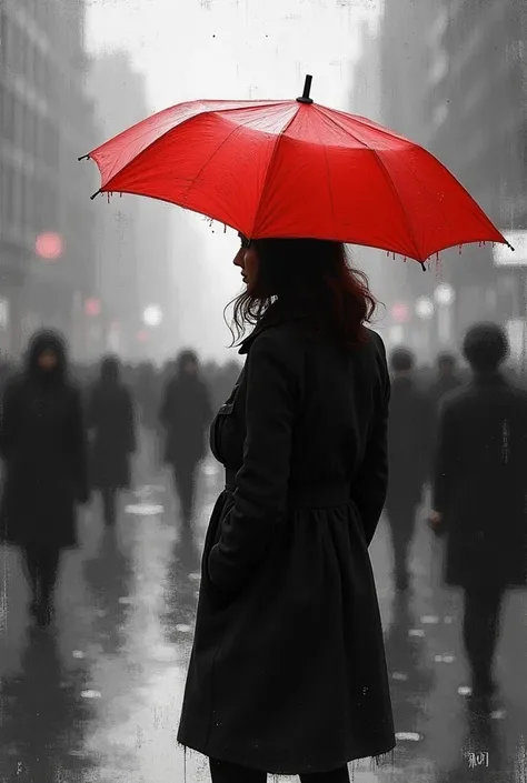 A black and white photograph featuring a woman standing alone, seemingly isolated in a blurred crowd. The background is intentionally out of focus, highlighting the stark contrast between her solitude and the busy surroundings. The only color present is a ...