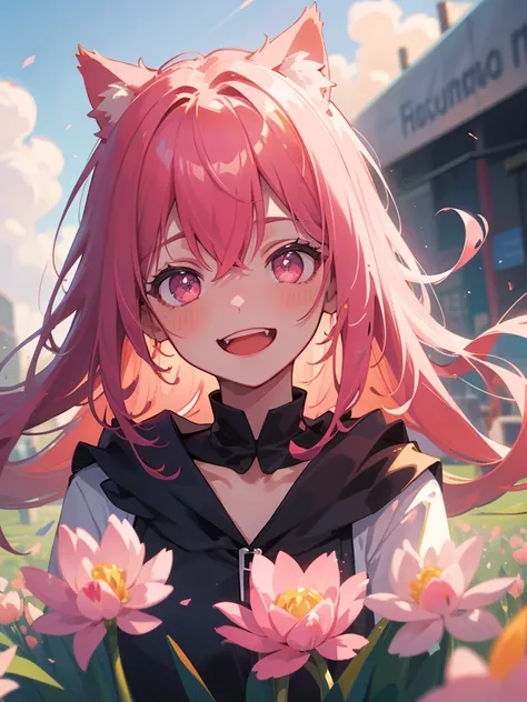 (masterpiece), (Best Quality), Ultra-high resolution, Sharp focus, ((1 female, Alone)), Upper Body, Beautiful detailed hair, Pink Hair, Cat ears、Long hair fluttering in the wind, Beautifully detailed face, ((Beautifully shaped eyes, Pink Eyes)), Perfect fe...