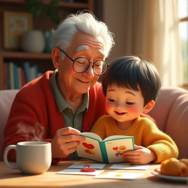 An image of a family—either a grandparent with a grandchild or a parent with a child—sitting together, engaging in a learning activity using flashcards. The setting should be warm and inviting, like a cozy living room or kitchen table.