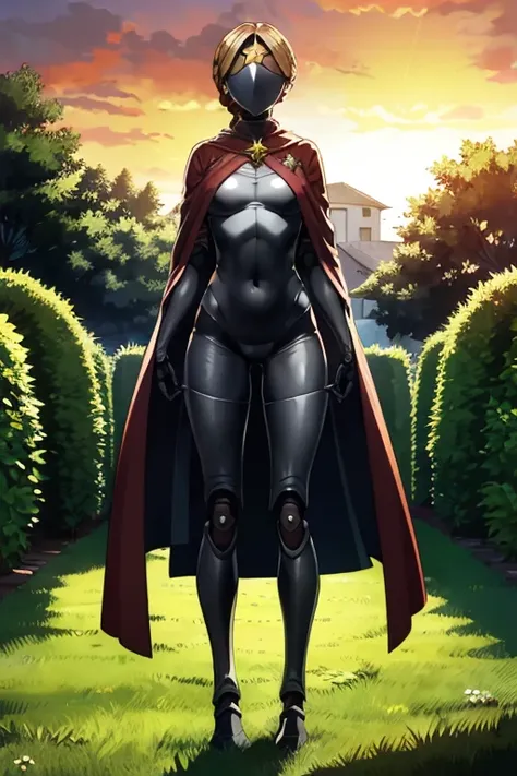 AHTwins, robot, no face, blonde hair, braid, star (symbol), traditional, standing, outside, garden, bodysuit, dusk, sunset, high quality, masterpiece, cape, cloak