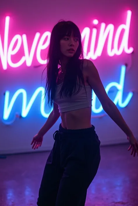 Black straight hair with bangs on forehead. Female Dancer wearing sleeveless tank top, and baggy pants. In front of a neon light sign (purple and blue) that says " nevermind"