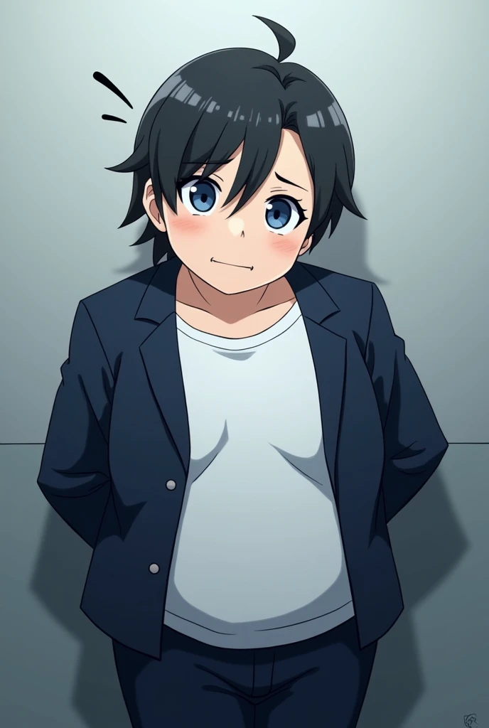 Arrest,male,Chubby,One person,Black Hair, Asymmetrical bangs, Parting the bangs,Blue Eyes,Droopy eyes,White T-shirt,Navy blue suit,Simple background,cool,Defaults,Illness,Confused eyes,Distributor,Chibi Character,Anime Style