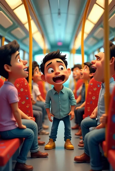 3d Cartoon Style The surrounding passengers laughing at Ravi: The passengers seated around Ravi are laughing heartily. Some are looking at him amusedly while others are turned toward each other, chuckling at his comment. Ravi, meanwhile, looks embarrassed ...