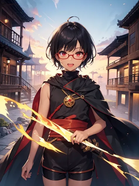 (masterpiece:1.2), highest quality, High resolution, unity 8k wallpaper, (fine and beautiful eyes), highly detailed face, Detailed CG,(boy wizard),(yukata),(blunt_bangs),,(evil smile),(black sleeveless turtleneck shirt in yukata), ,red bike shorts,(dark sk...