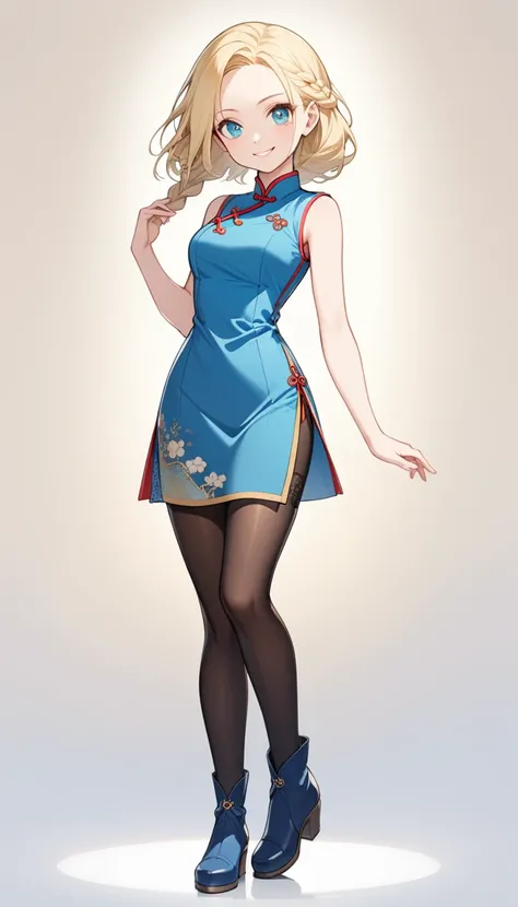 1 lady, solo, full body, Standing, contrapposto, Azure eyes, Single Braided blonde hair, parted bangs, forehead, wearing Sleeveless mini Cheongsam, pantyhose, thigh, short boots, smile, simple background