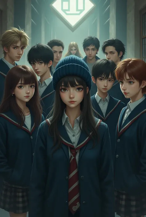 6 boys and 4 girls who are highschool students in a mysterious school. i want one of the girl to be in the middle and shes wearing a beanie. i want all of them to wear the same uniforms. dont exceed to the number of people that i want. make sure there are ...