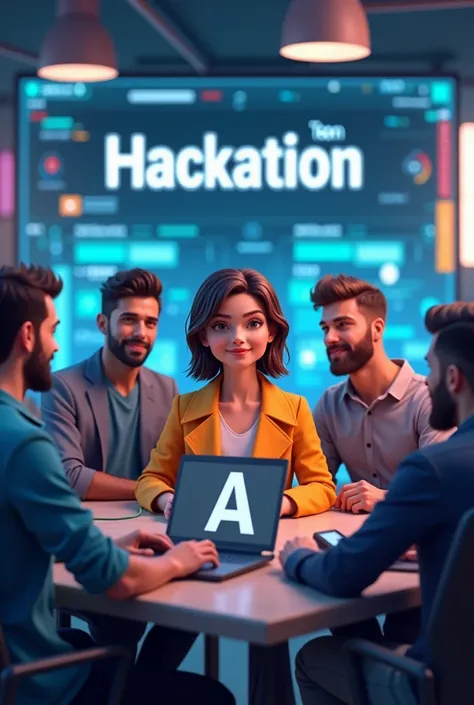 create working team on hackation with 1 woman and 4 man , girl is team leader and picture is 3d grapic , background on the screen written "HACKATION" , "TEAM A"