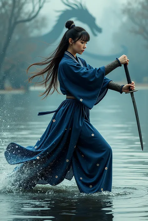 
portrait of a beautiful woman with long hair, two bun hairstyle with charming soft bangs, wearing a long navy blue kimono with small floral motifs, the collar of the kimono has charming intricate carvings, trousers of the same color, on the wrists of both...