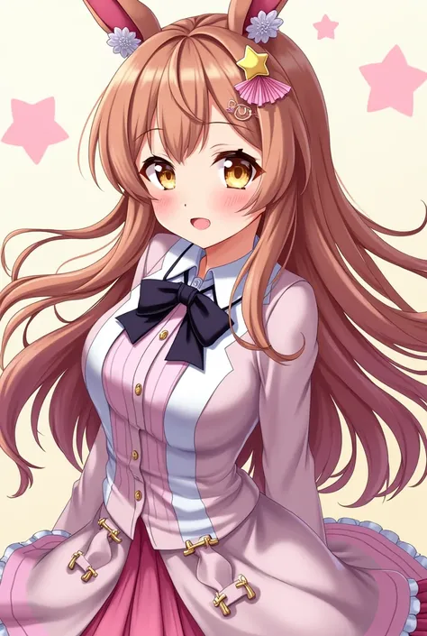 Shiraishi An from Project Sekai anime with long brown hair, side bangs and pink highlights and star-shaped hair clips all over her hair. Golden yellow colored eyes. Classy, cute and sassy unique idol school outfit. (Full body) 