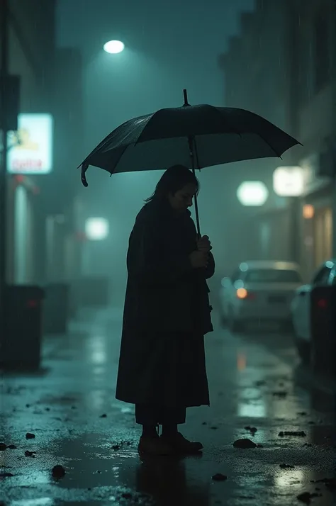 "Create an image of a person standing alone in the middle of a dark, stormy city street at night. The person looks worn and tired, holding an umbrella that’s broken, offering little protection from the heavy rain. The surrounding area is blurred, symbolizi...