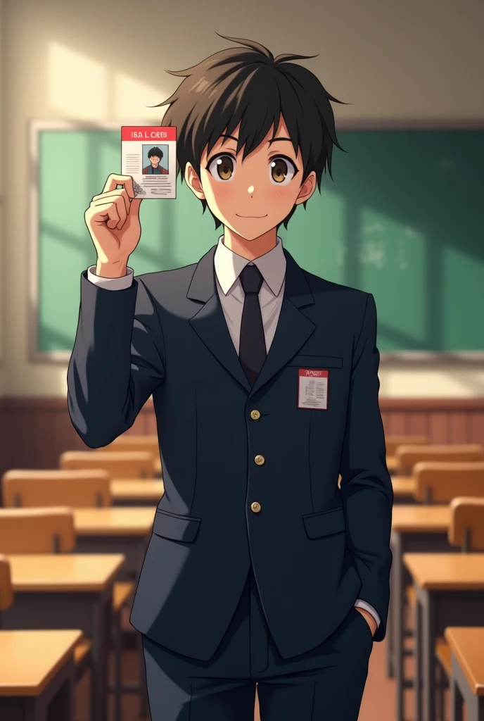 A college boy in class room in row standing holding id card from his rleft  hand up in uniform

