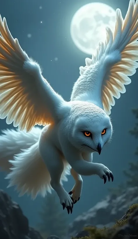 Fox+white owl: Merge the cunning nature of a fox with the silent flight and nocturnal vision of an owl. Fox body owl face. Hybrid Flying with open wings + long fluffy tale, fox legs

