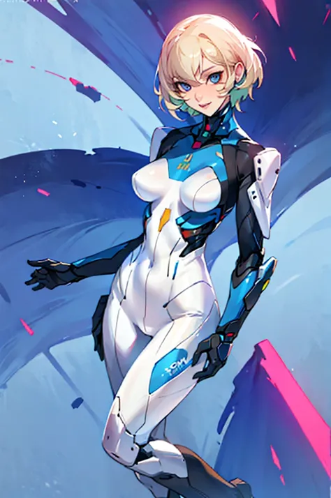 1girl, solo, breasts, smile, short hair, blue eyes, blonde hair, medium breasts, standing, full body, lips, bodysuit, science fiction, bionic