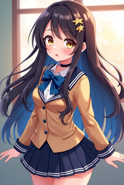 Animated girl with long dark brown hair, side bangs and dark blue highlights and star-shaped hair clips all over her hair. Golden yellow colored eyes. Classy, cute and sassy unique idol school outfit. (Full body) 