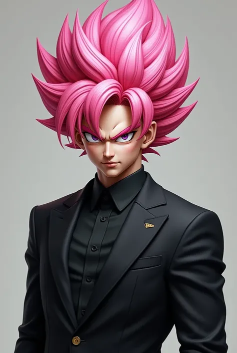 Create a realistic picture of black goku in black dress with fully pink hair in real life
