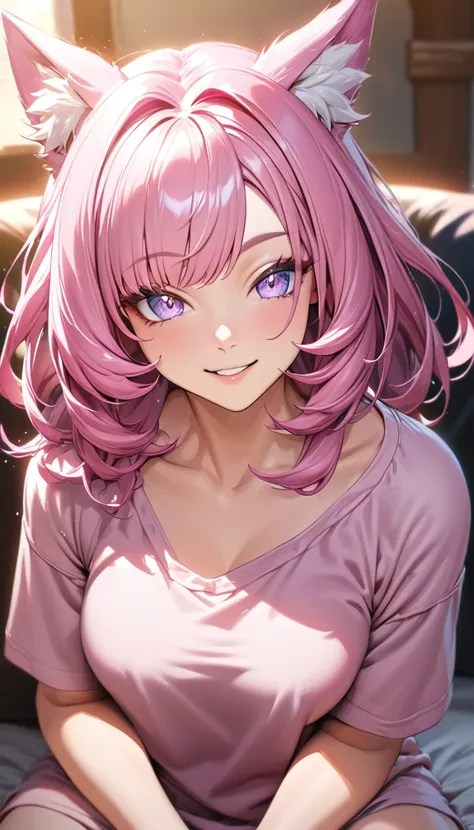 Elysia, ((pink hair)), fox ears,beautiful face,smiling,close up to hips, moderate breast,sitting on a bed,wearing pink over sized t shirt, (open mouth:0.4),illustration,detailed textures,ultra-detailed(realistic),portrait style,vivid colors,soft lighting. ...