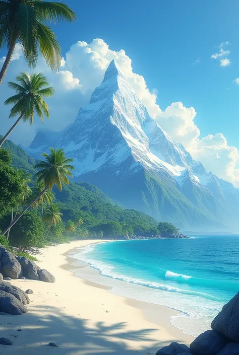 Combine a tropical beach with a snowy mountain