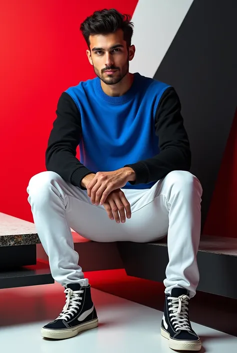 Create a seated man with white pants, blue sweater and black sleeves and white high-top shoes, red and black and white background