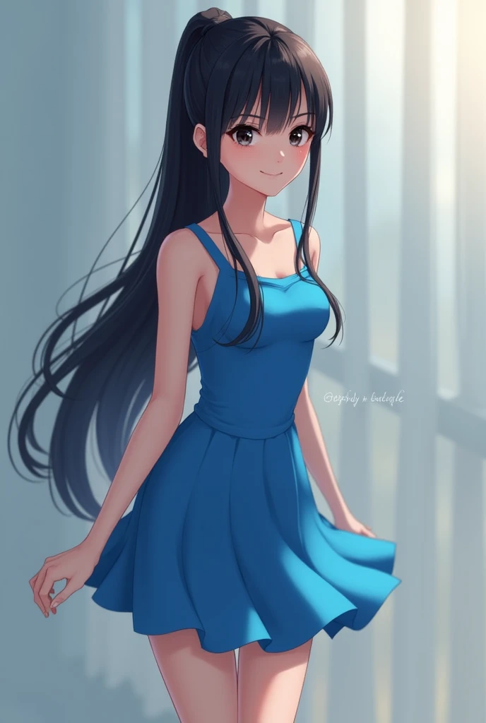 Create a girl with long straight black hair with a ponytail and black eyes and a short blue dress 