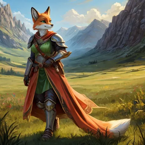 Masterpiece, best quality, high quality, 1Fox Female anthro, Solo, has body fur, has Green eyes, warrior  wears a plate armor, wears an Orange cape, carrying a  Green banner, has slim body, has medium breasts, Smile, walking in the Grass field, Mountain in...