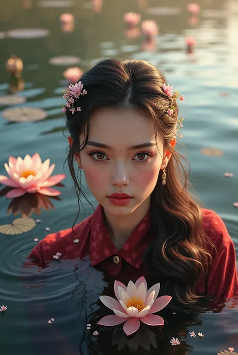 a beautiful girl with perfect radiant face, flowers in her hair, wearing a red velvet shirt, standing in an ocean with lotus flowers, (best quality,4k,8k,highres,masterpiece:1.2),ultra-detailed,(realistic,photorealistic,photo-realistic:1.37),1girl,extremel...