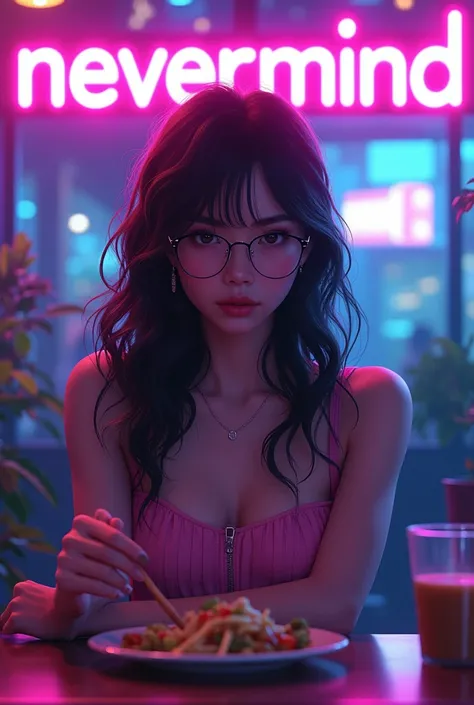 Black flowy hair with brown highlights. Female eating wearing pink dress and glasses. In front of a neon light sign (purple and blue) that says " nevermind"