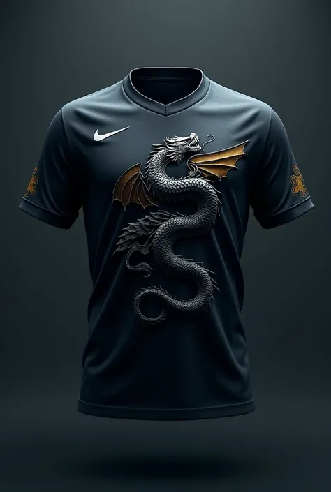 Create a soccer jersey of an invented team, I want a dark t-shirt, that transmits mystery and with a dragon surrounding the shirt, the team crest in the center, I want more colors 