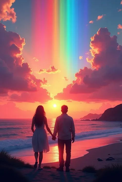 A sunset sky with rainbow colors reflected in the clouds, with two silhouettes holding hands, of coasts, looking at the horizon.